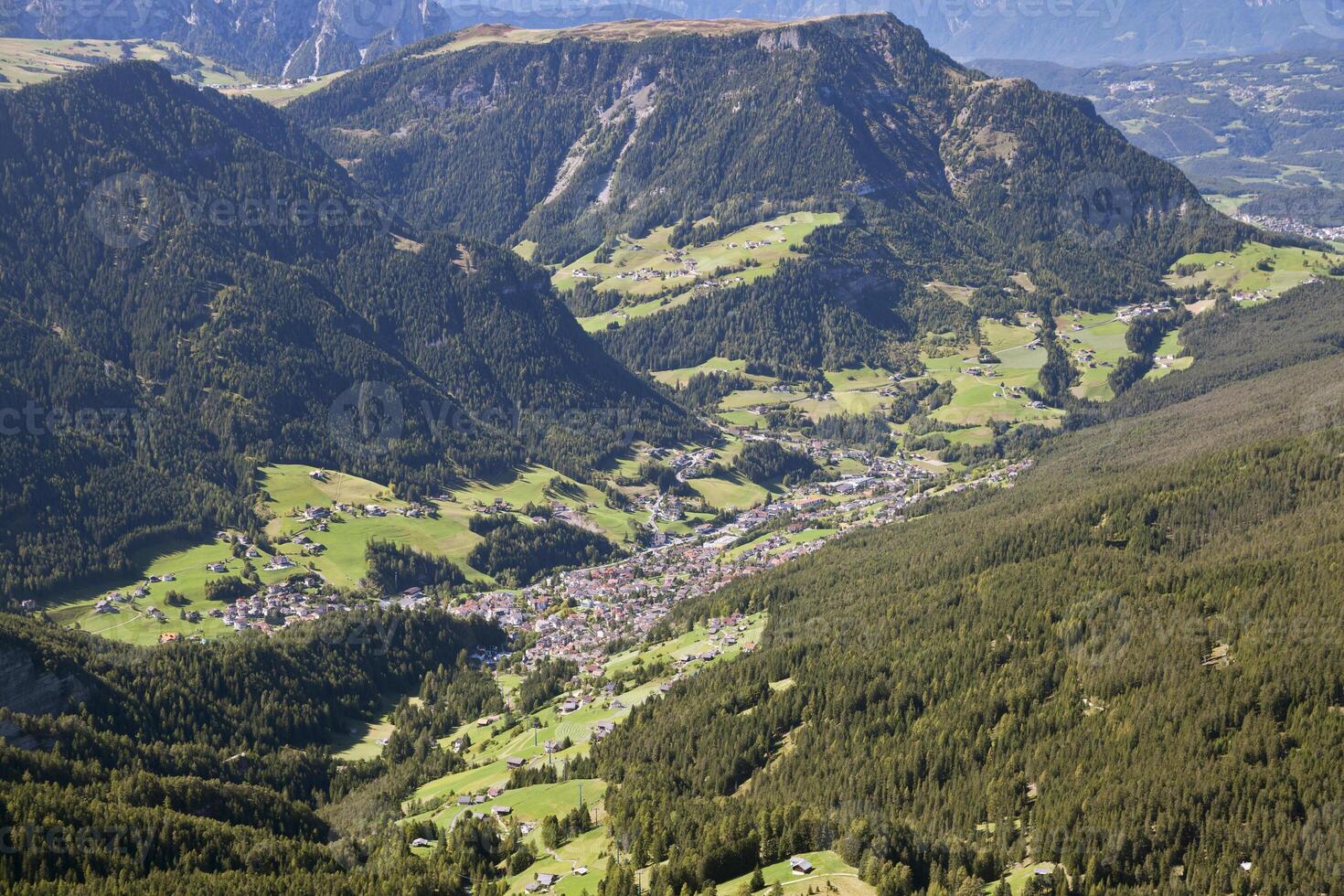 Val Gardena and Ortisei, Dolomites, view from above photo