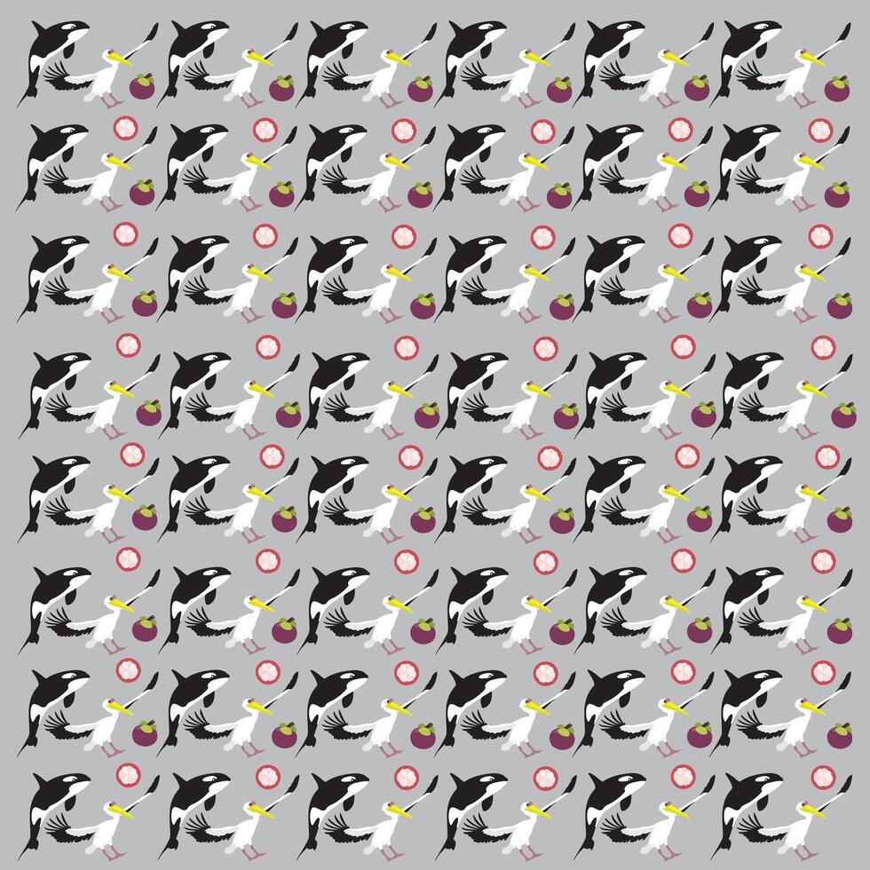 pelican, orca with fruit as a pattern background vector