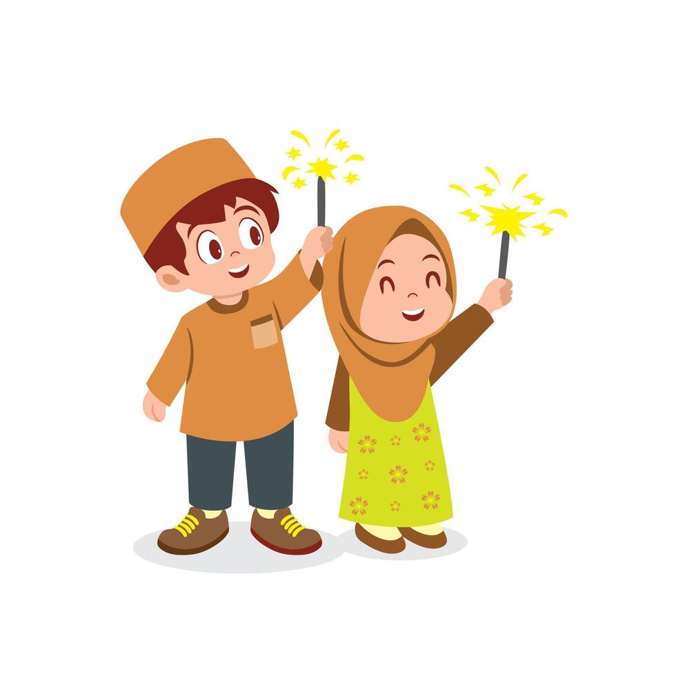 Happy Muslim Kids Playing with Sparklers vector