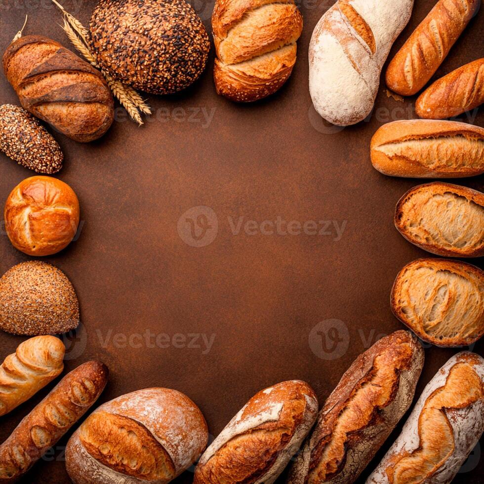 Various types of bread on a brown background photo