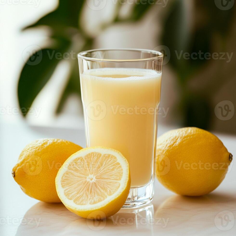 A glass of juice and a lemon on a table photo