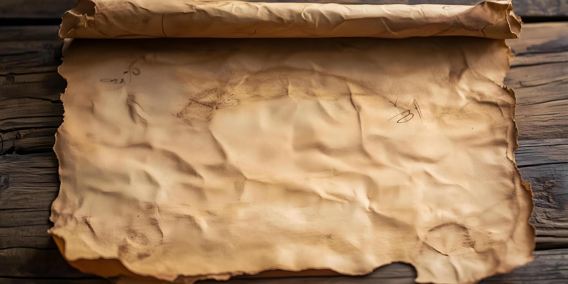 An old parchment paper laying on a wooden table photo