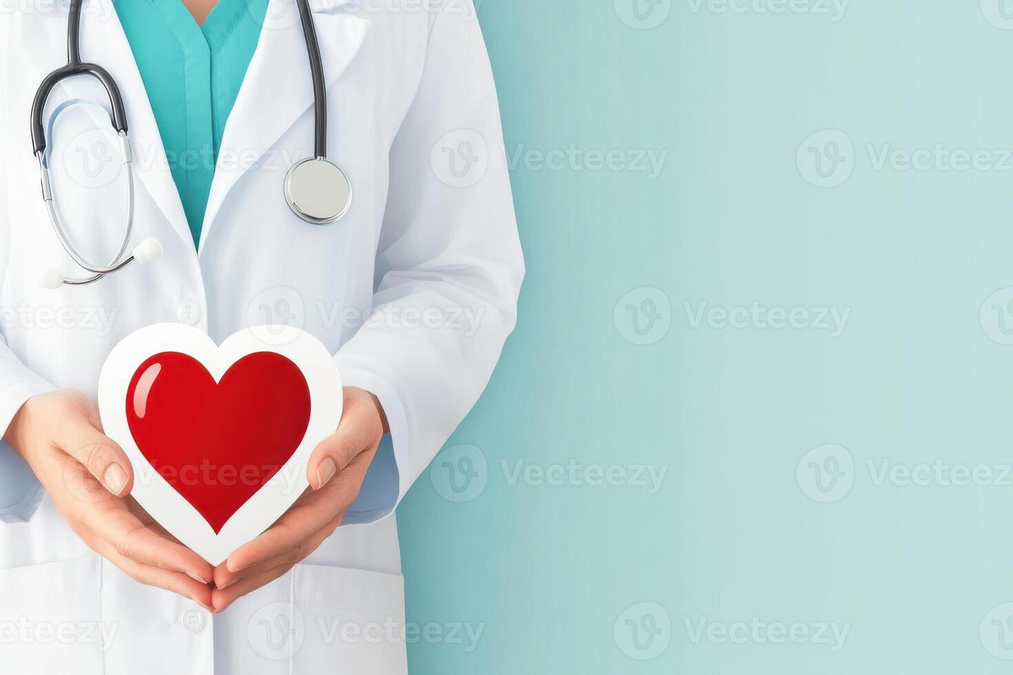 Healthcare professional holding a red heart symbol against a light blue background in a clinical setting photo