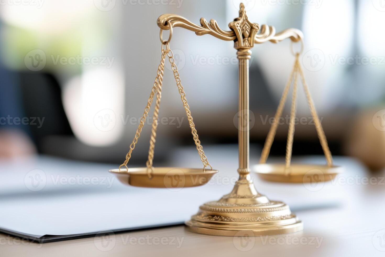 Elegant balance scales on a professional desk in a modern office setting highlighting the importance of justice and law in todays society photo
