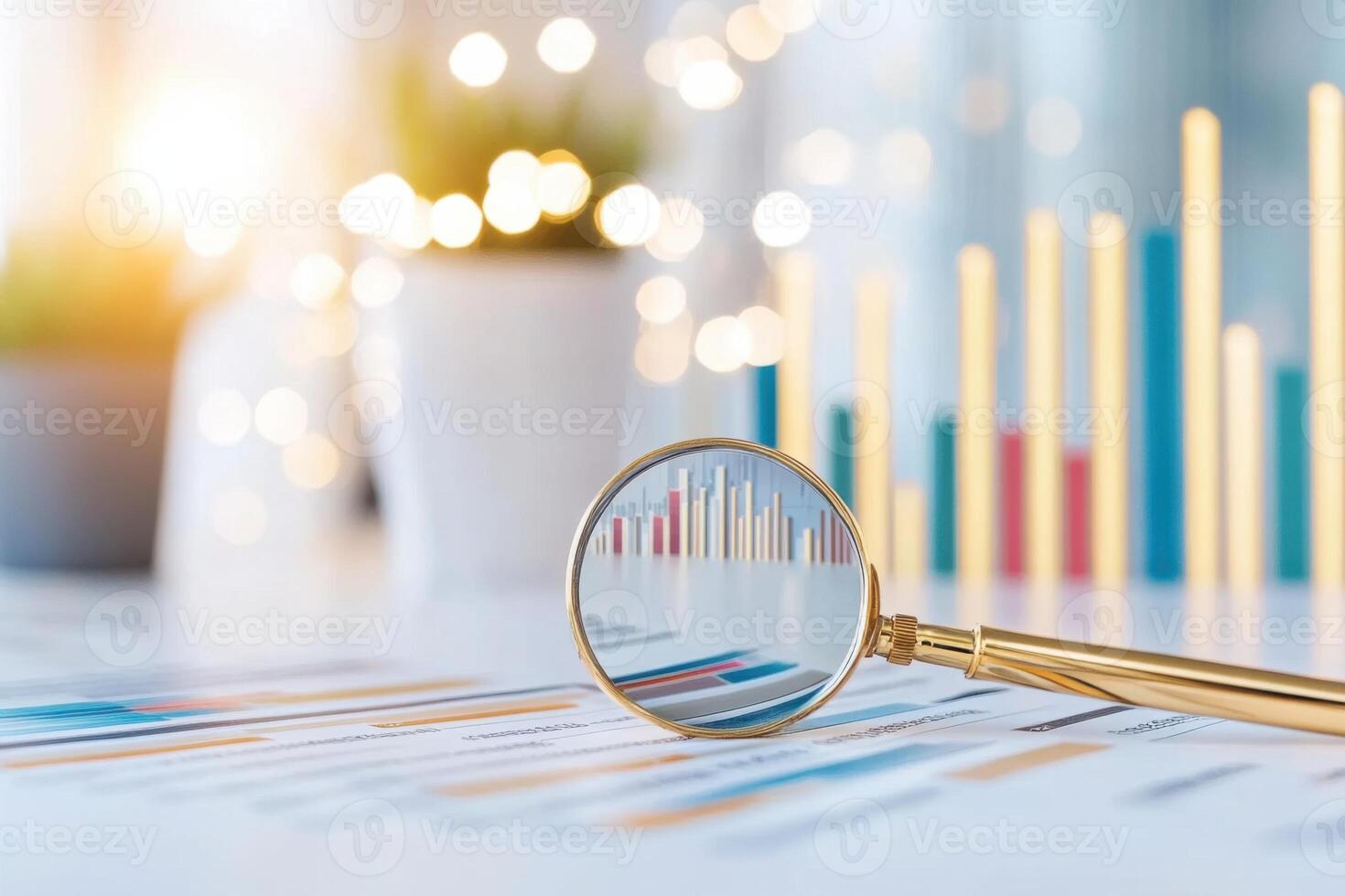 Magnifying glass reveals detailed business analysis with colorful graphs on a table surrounded by a bright and cheerful office setting photo