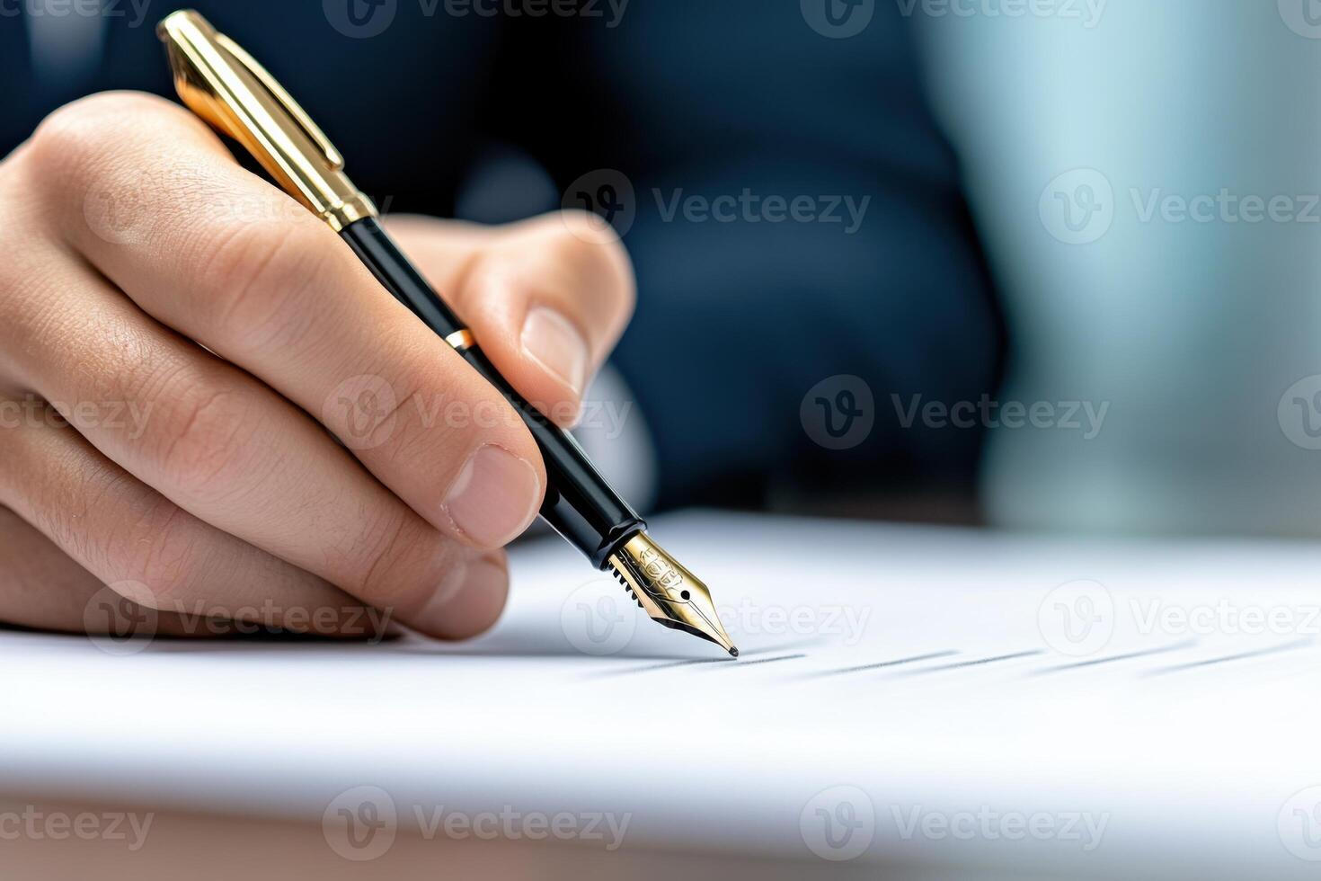 Hand holding a fountain pen poised to write on crisp white paper with blurred background of a professional setting during the day photo