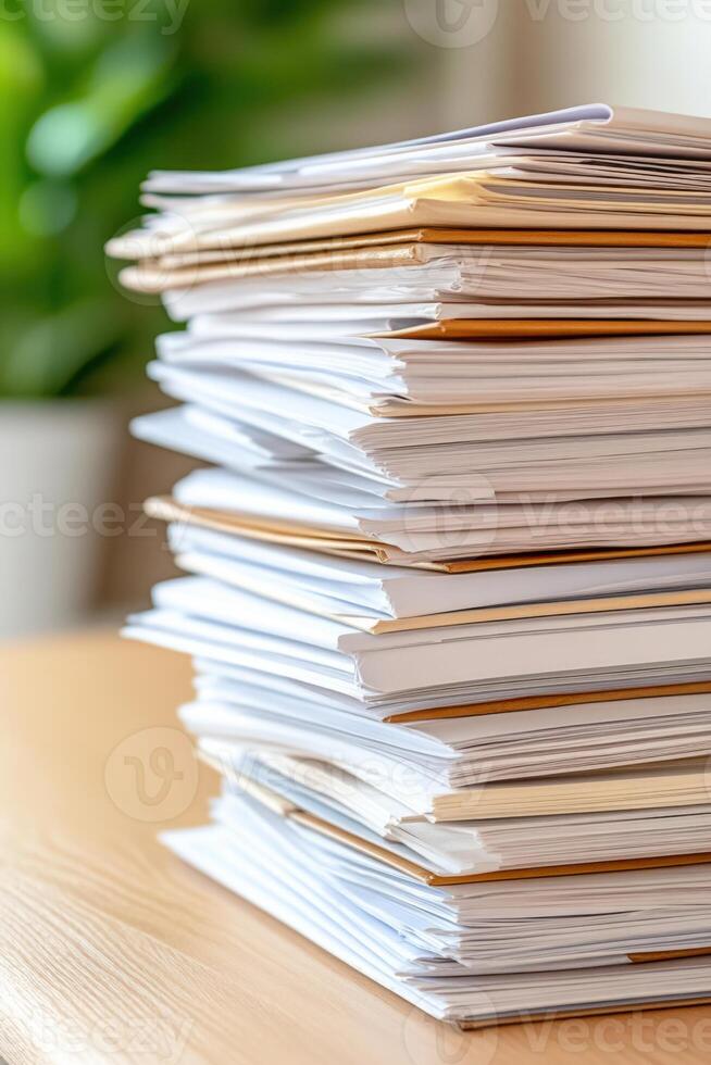 Stack of organized documents on a wooden table with soft focus background of greenery photo