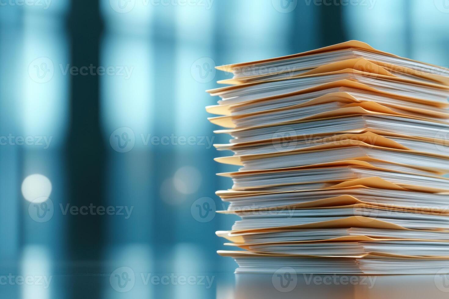 Stacked documents in an office setting with blurred background highlighting organized paperwork and productivity photo