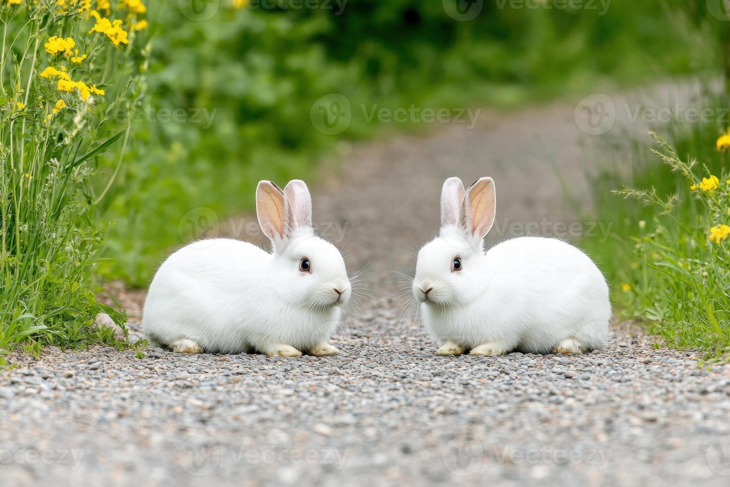 Two fluffy white rabbits sitting on a gravel path surrounded by vibrant green foliage and yellow flowers in a sunny field photo