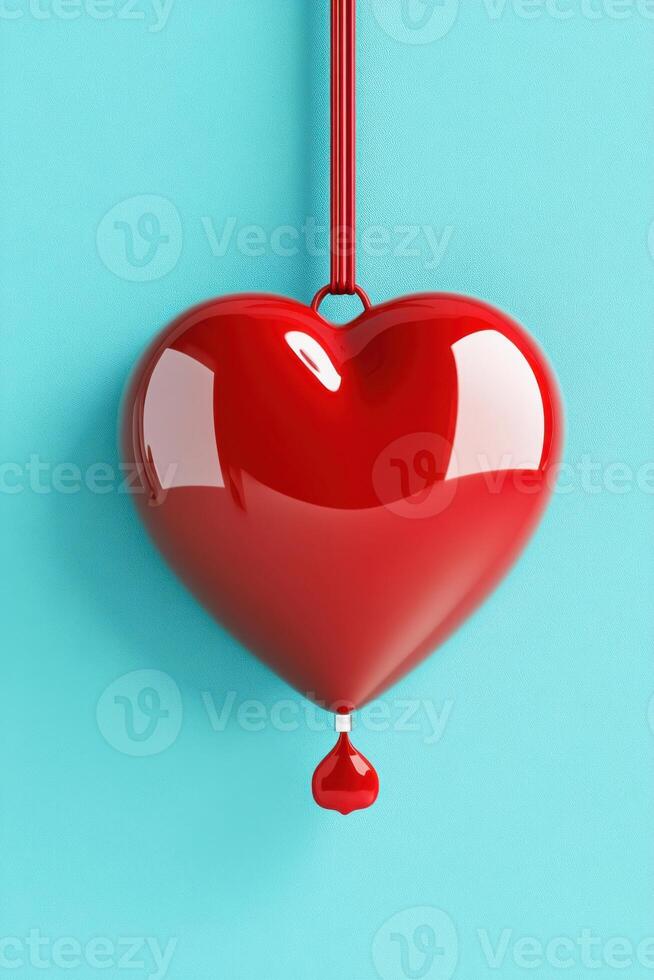 Bright red heart decoration hanging against a light blue background with a small droplet at the bottom creating a playful contrast in colors photo