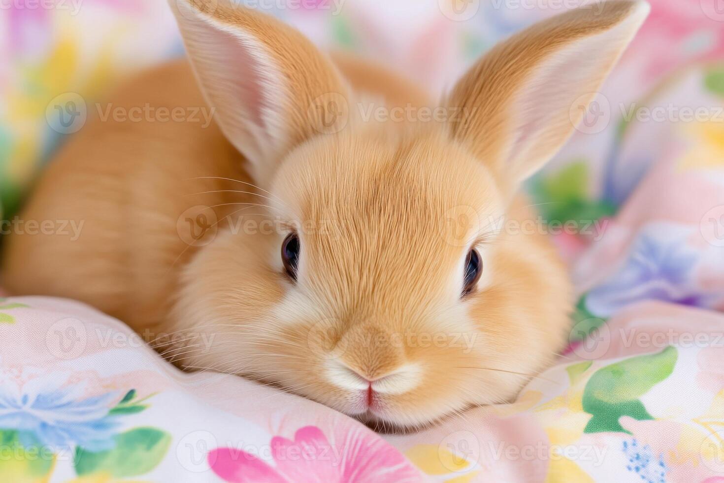 Cute brown rabbit resting on a colorful floral blanket in a cozy indoor setting during the daytime photo