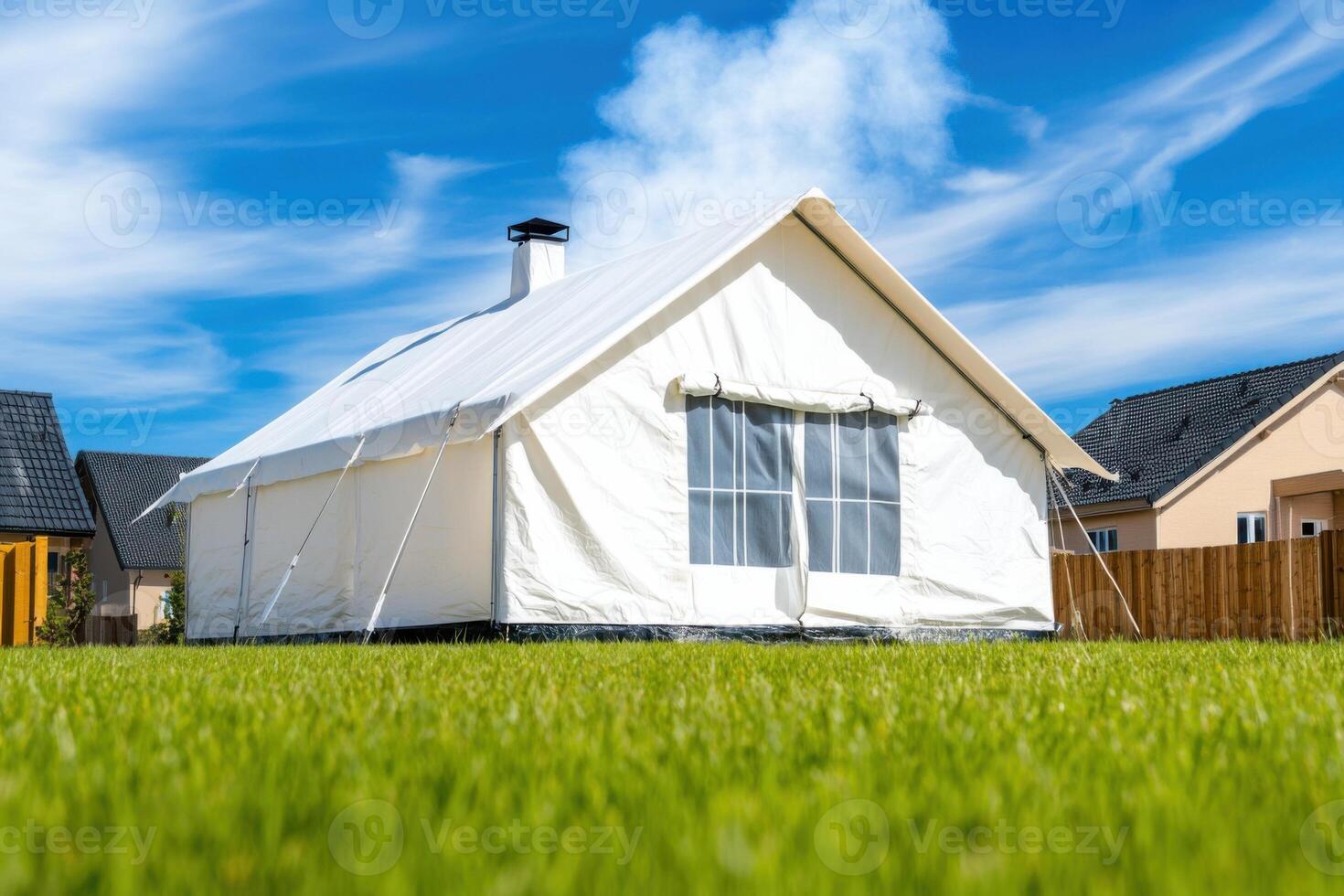 White canvas tent stands out in a green grassy yard under a clear blue sky with fluffy clouds during daylight photo
