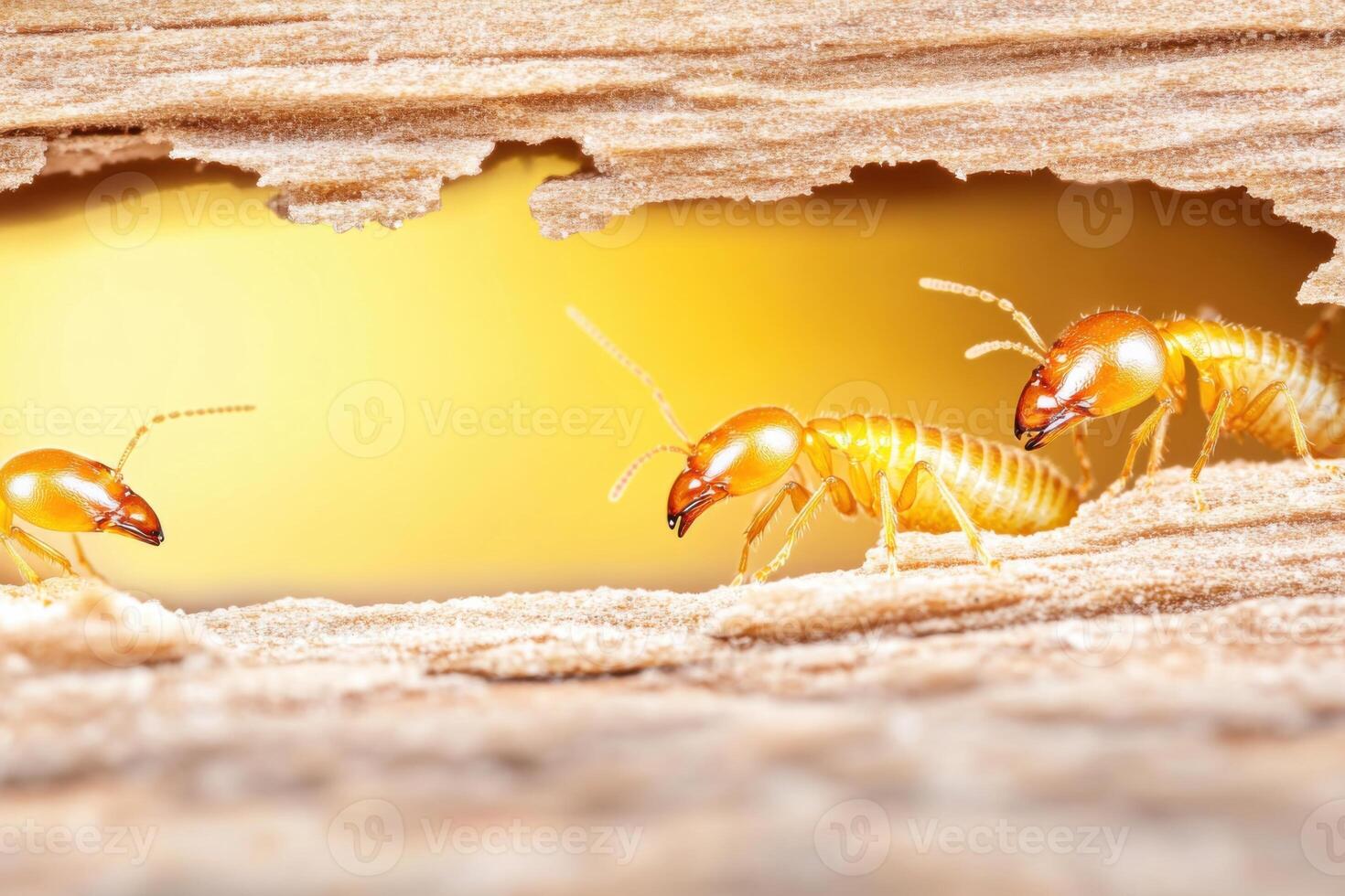 Termites actively working within wooden structure during daylight, showcasing their behavior in a natural habitat photo