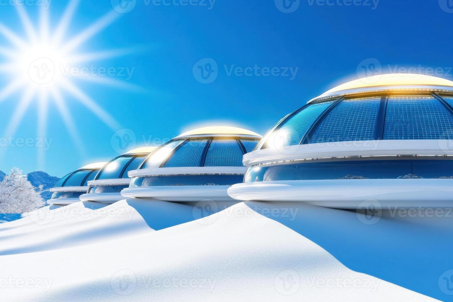 Futuristic dome-shaped structures covered in snow under a clear blue sky and bright sun illuminating a winter landscape photo