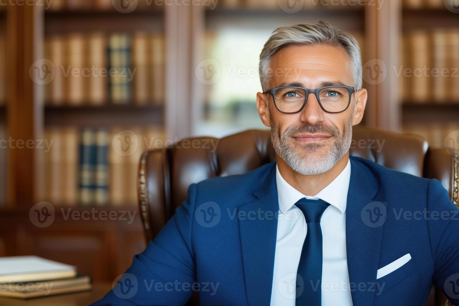 Professional notary seated at a wooden desk with legal books and important paperwork in a classic office setting photo