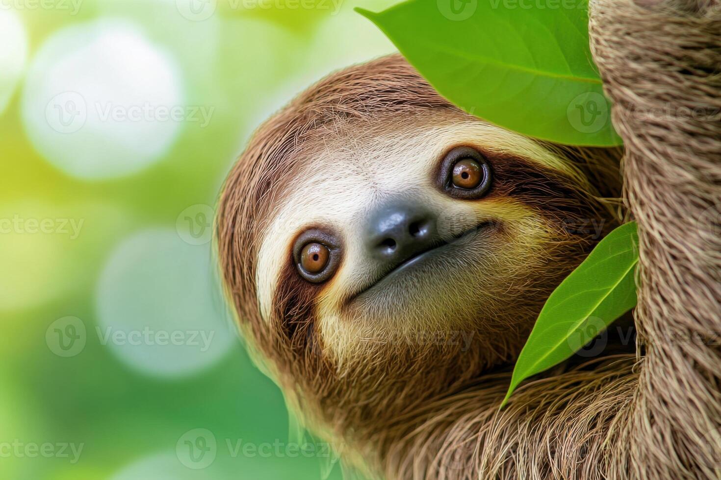 Curious sloth peeking through lush green leaves in a tropical rainforest setting during the daytime photo