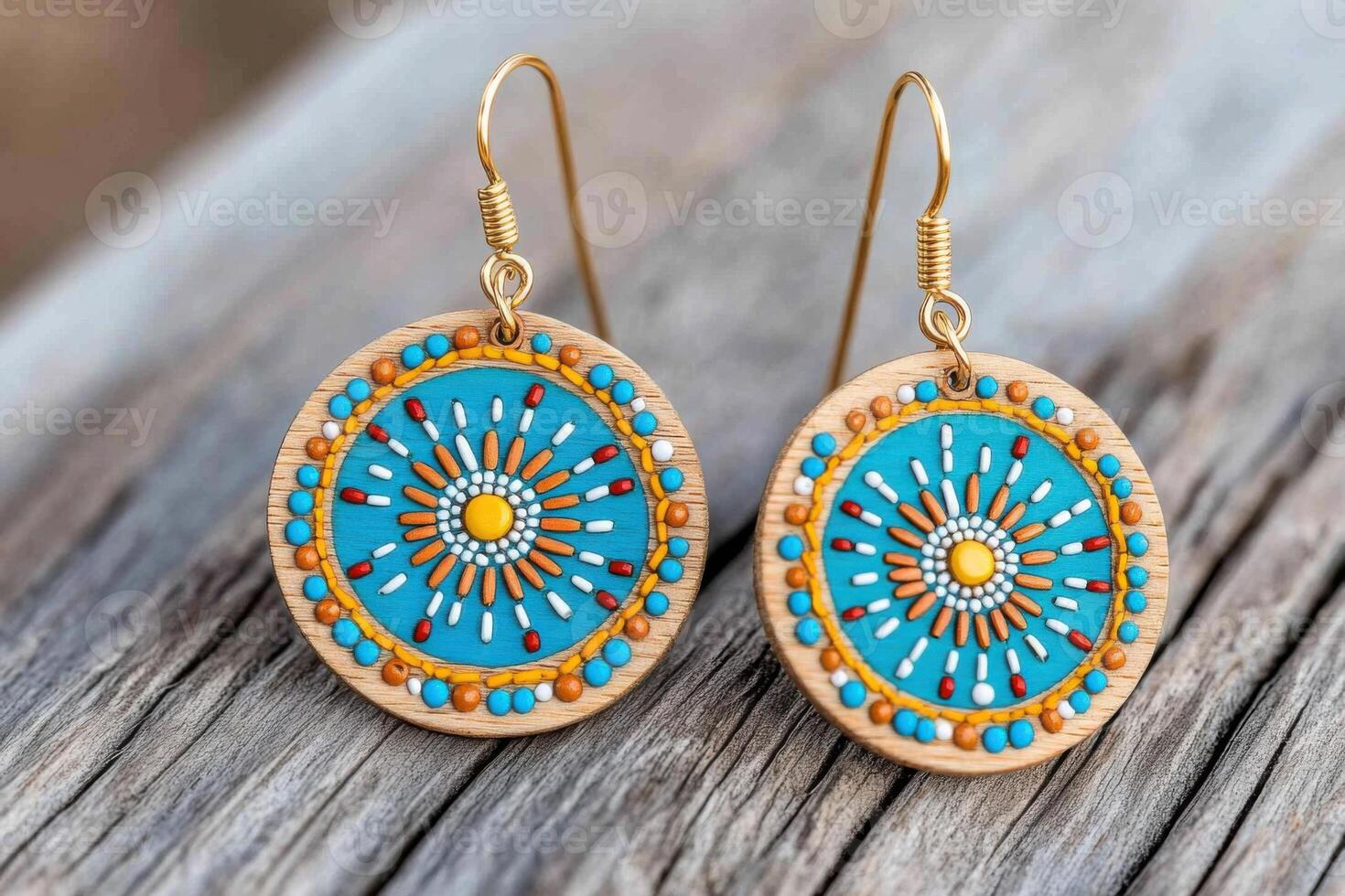 Circular wooden earrings with intricate turquoise design showcasing vibrant colors and detailed craftsmanship photo