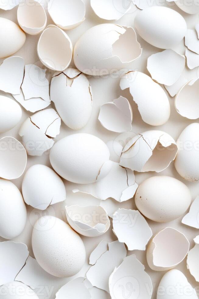 Cracked eggshells arranged in an abstract pattern on a white surface highlight modern food aesthetics with soft shadows and neutral tones photo