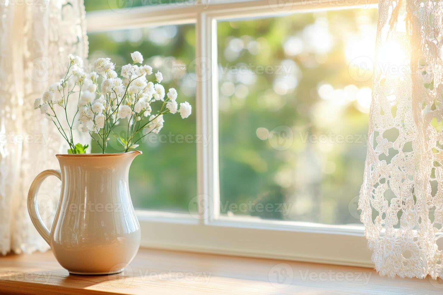 Vintage wooden window adorned with delicate lace curtains, allowing soft sunlight to illuminate a rustic setting with a charming floral display photo
