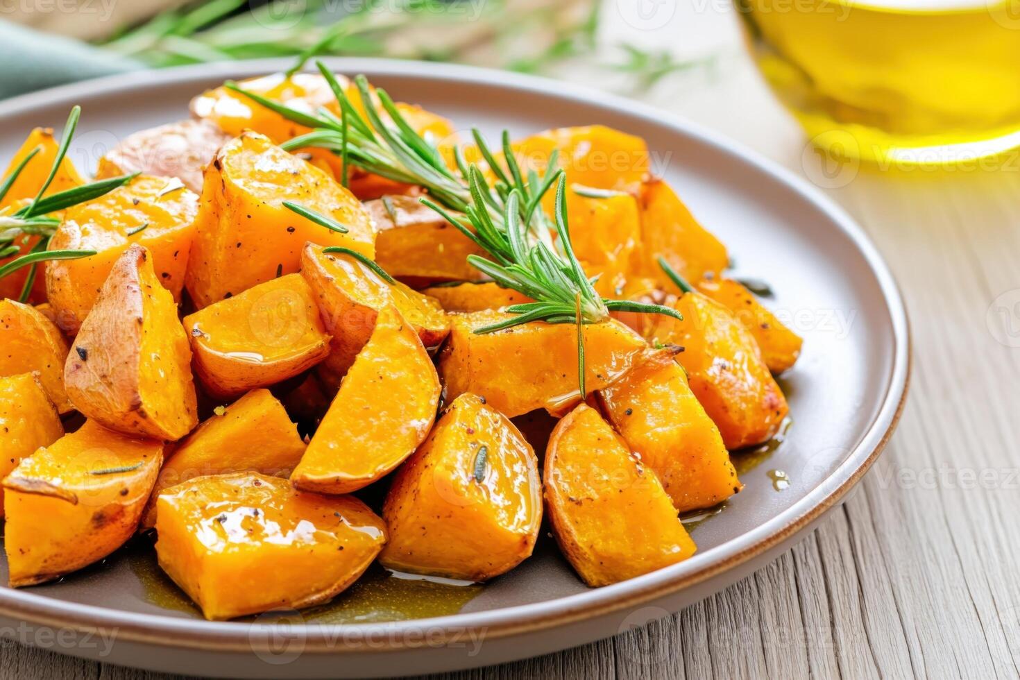 Plate of roasted sweet potatoes drizzled with olive oil and garnished with fresh rosemary set on a rustic wooden background photo
