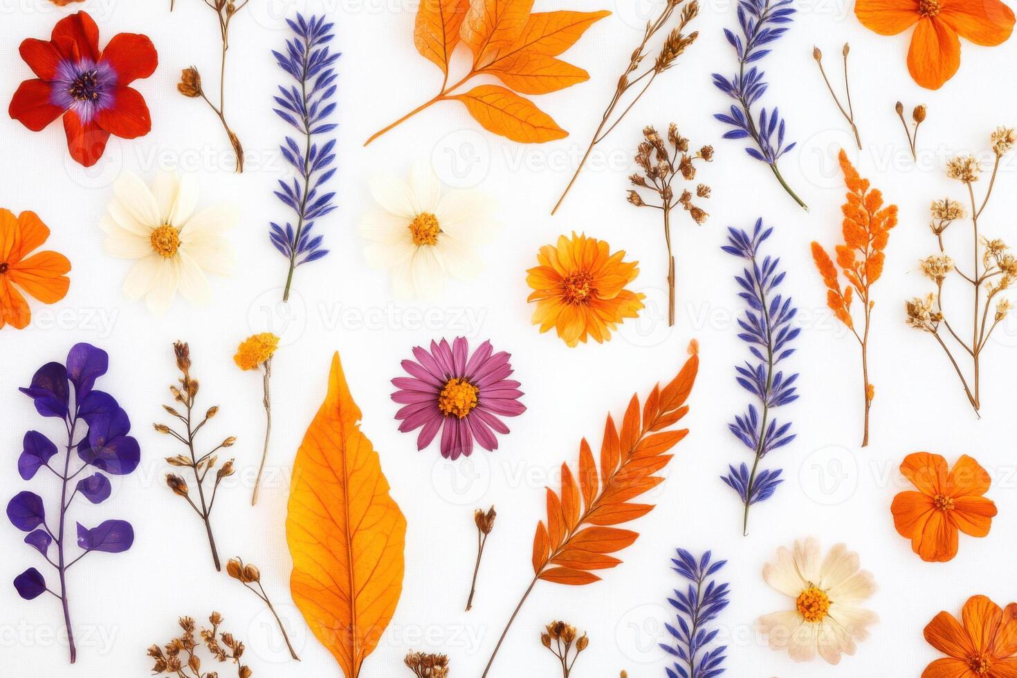 Handcrafted herbarium featuring dried flowers and plants arranged on linen fabric for a botanical art experience photo
