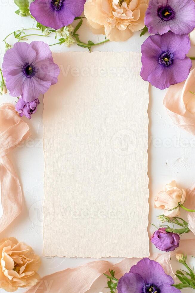 Elegant wedding invitation flat lay featuring handmade paper, pressed flowers, silk ribbons, and vintage calligraphy in a romantic setting perfect for a special celebration photo