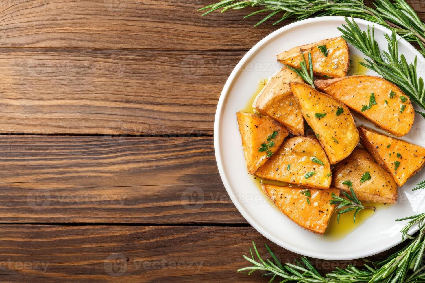 Delicious roasted sweet potatoes drizzled with olive oil and garnished with fresh rosemary on rustic wooden background photo