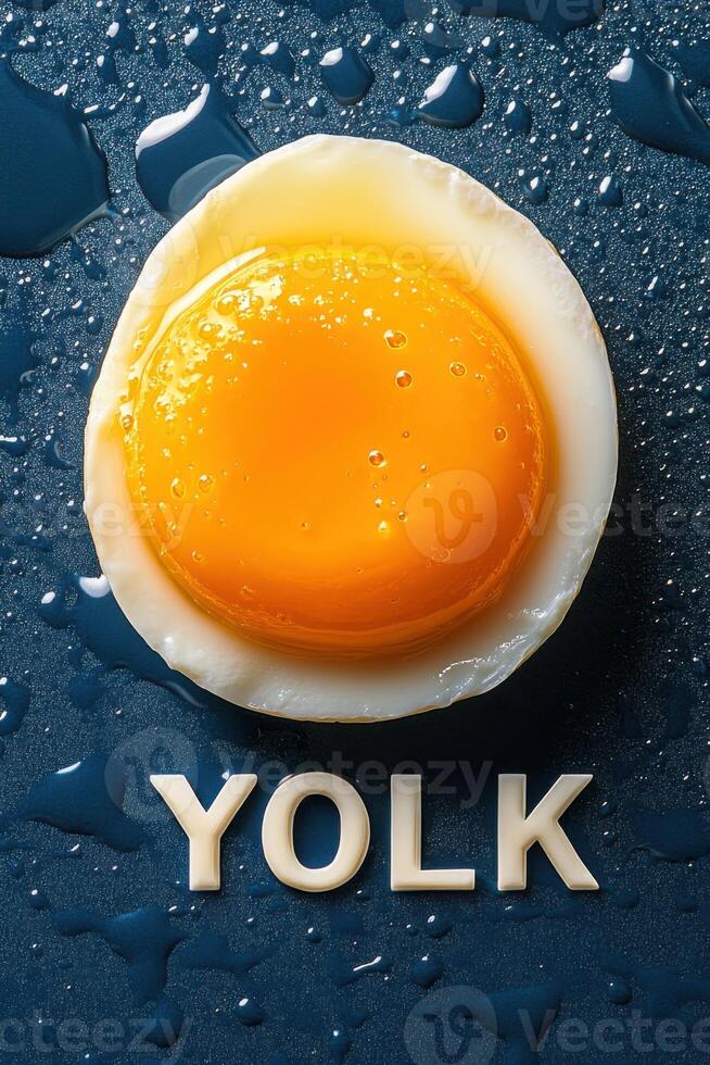 Single egg yolk highlighting minimalism with dramatic lighting on a dark background featuring the word YOLK artistically arranged photo