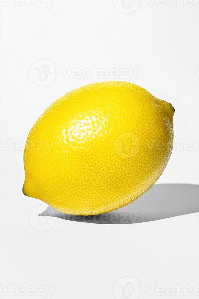 Minimalist composition features a single lemon suspended in mid-air, showcasing simplicity and freshness against a clean white background photo
