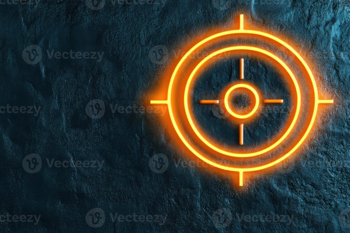 Modern abstract orange target symbol glowing with neon effect on dark textured background creating a futuristic atmosphere photo