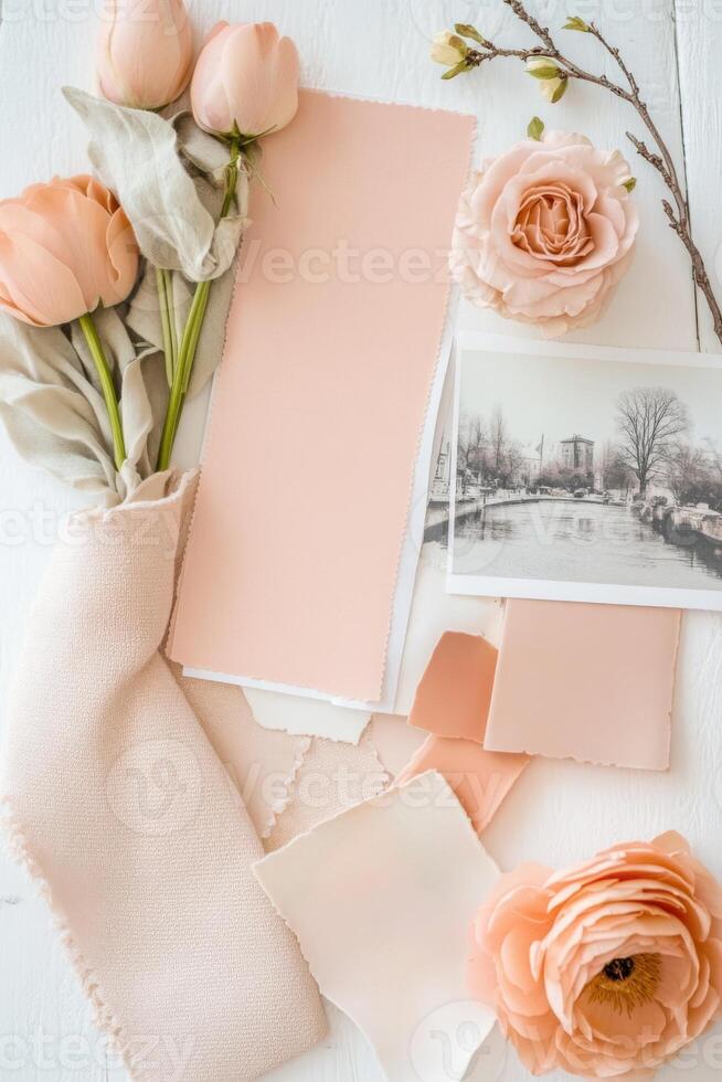 Mood board showcasing Pantone Peach Pink with fabric swatches, vintage photos, and floral elements for aesthetic inspiration photo