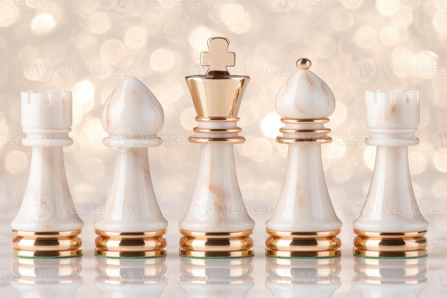 Luxurious chess set featuring marble and gold-plated pieces on a polished surface with elegant golden lighting photo