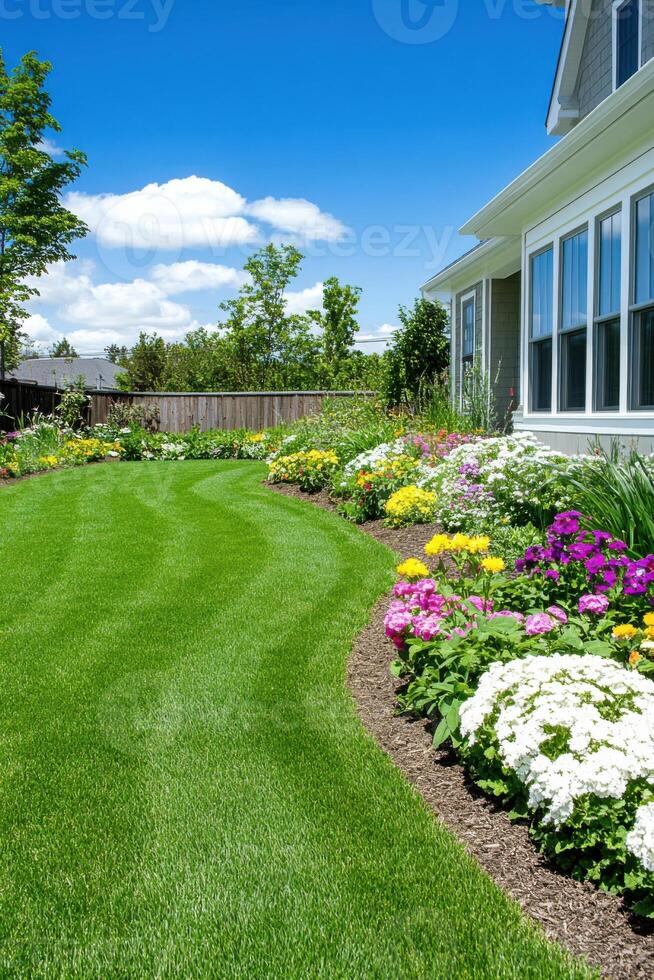 Beautiful backyard garden with colorful flower beds and a vegetable patch highlighting an eco-friendly lifestyle photo