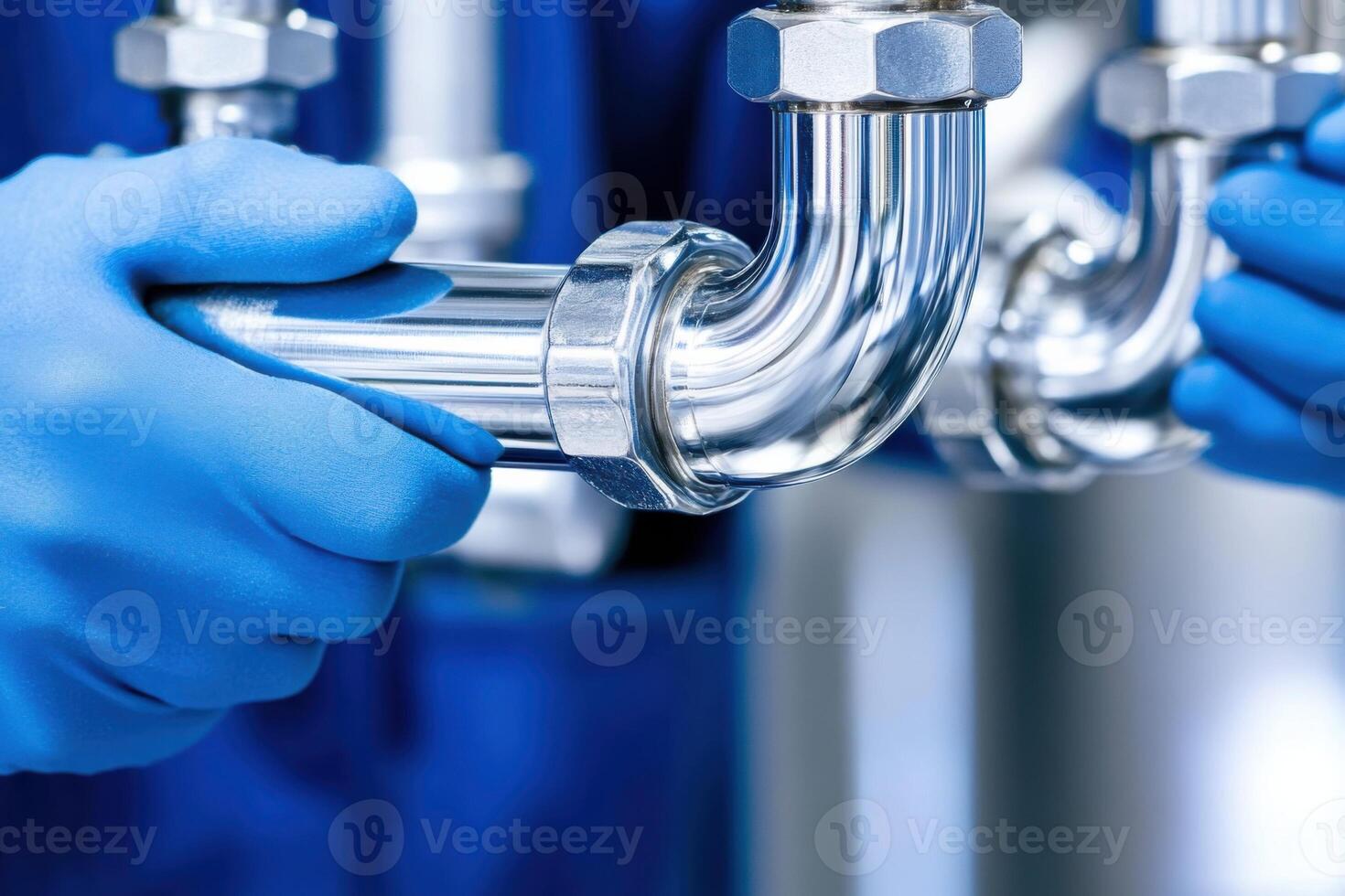 Professional plumber repairs kitchen sink pipe in modern home setting, showcasing expertise and precision with tools and equipment photo