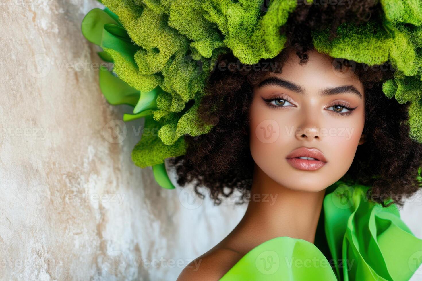Model showcases innovative fashion ensemble inspired by nature with plant-based textures blending couture aesthetics in a vibrant display photo