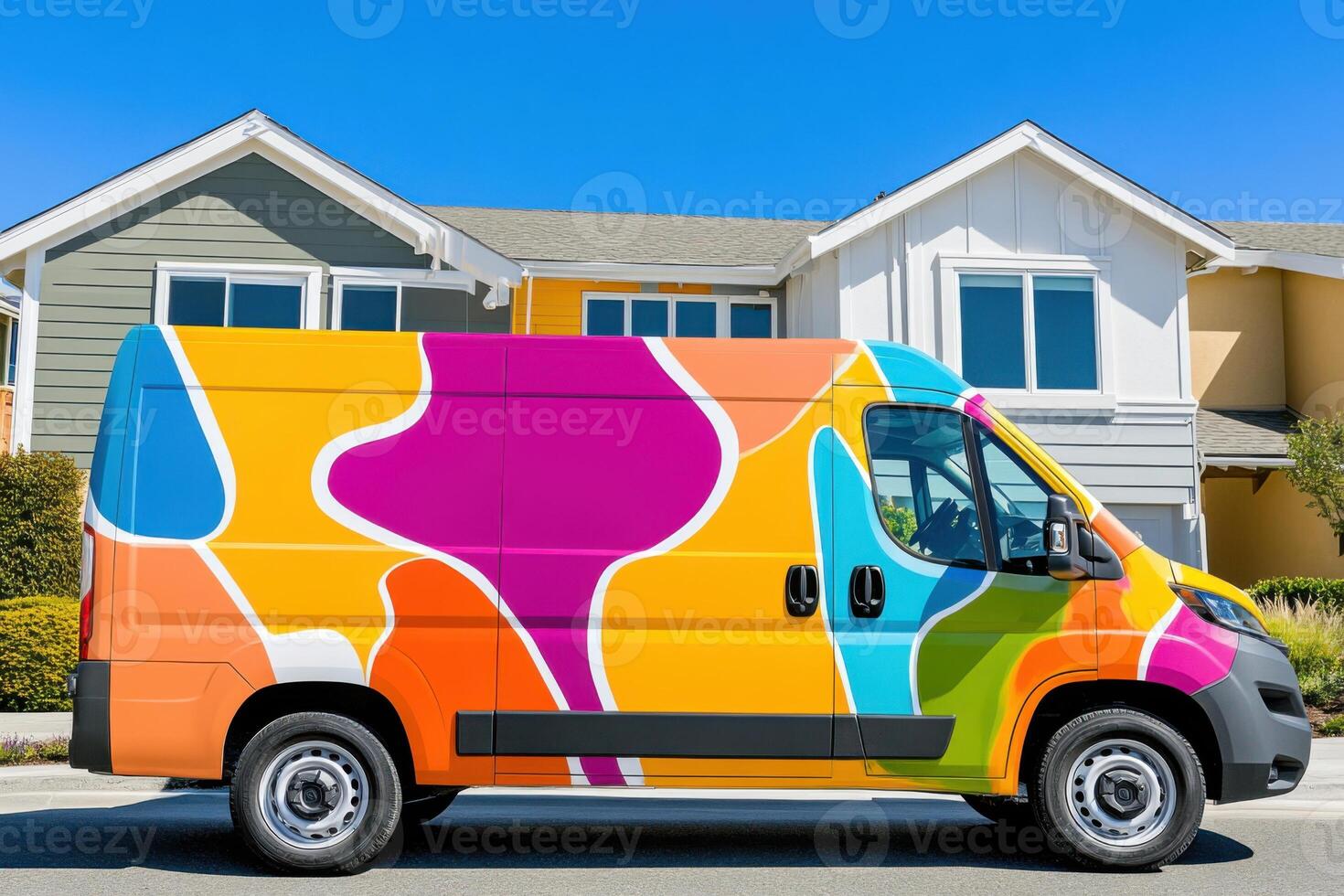Branded painting contractor van parked in front of a well-maintained residential home under clear blue sky photo