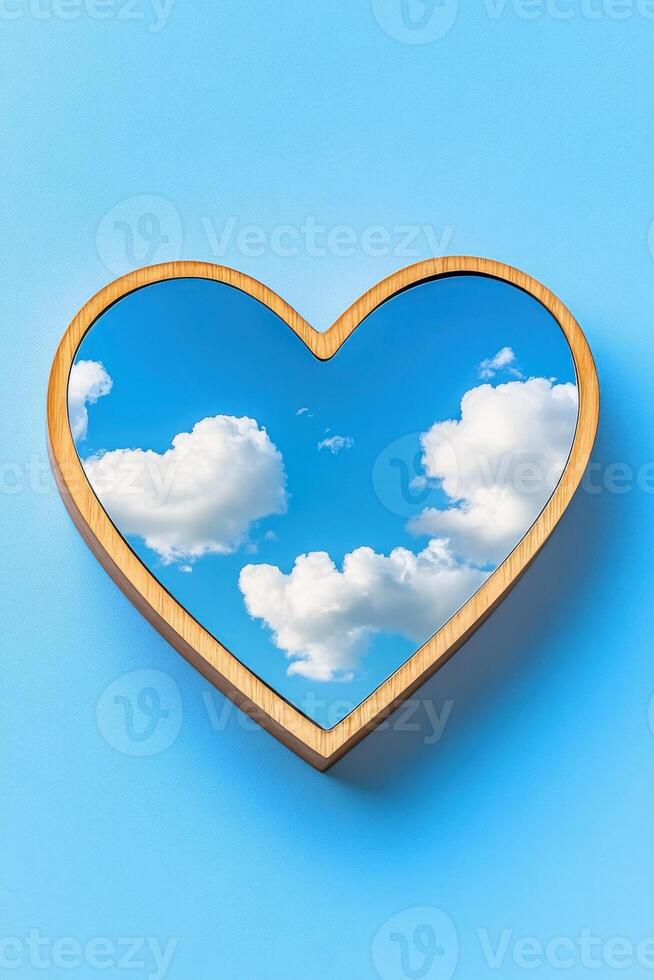 Decorative heart-shaped mirror reflecting blue sky and fluffy clouds creates a dreamy romantic atmosphere suitable for moodboard concepts photo