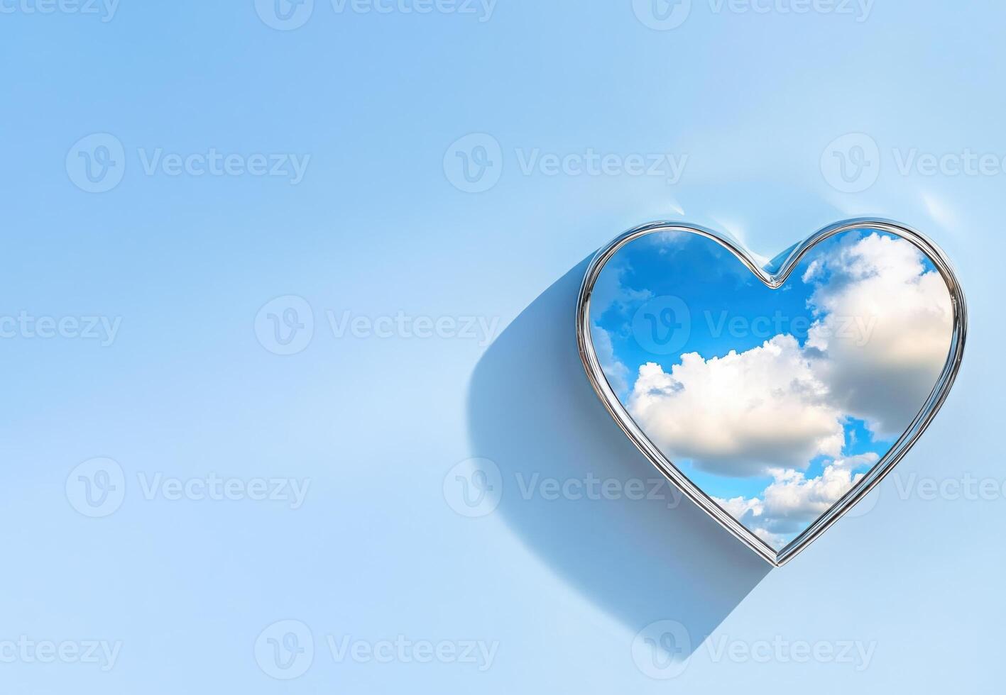 Decorative heart-shaped mirror reflecting a bright blue sky with fluffy clouds in a serene setting photo