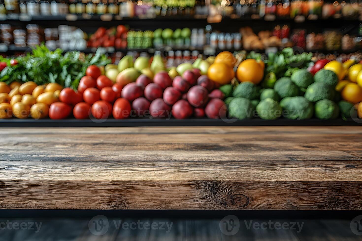 Fresh Produce Display on Wooden Countertop in Grocery Setting photo