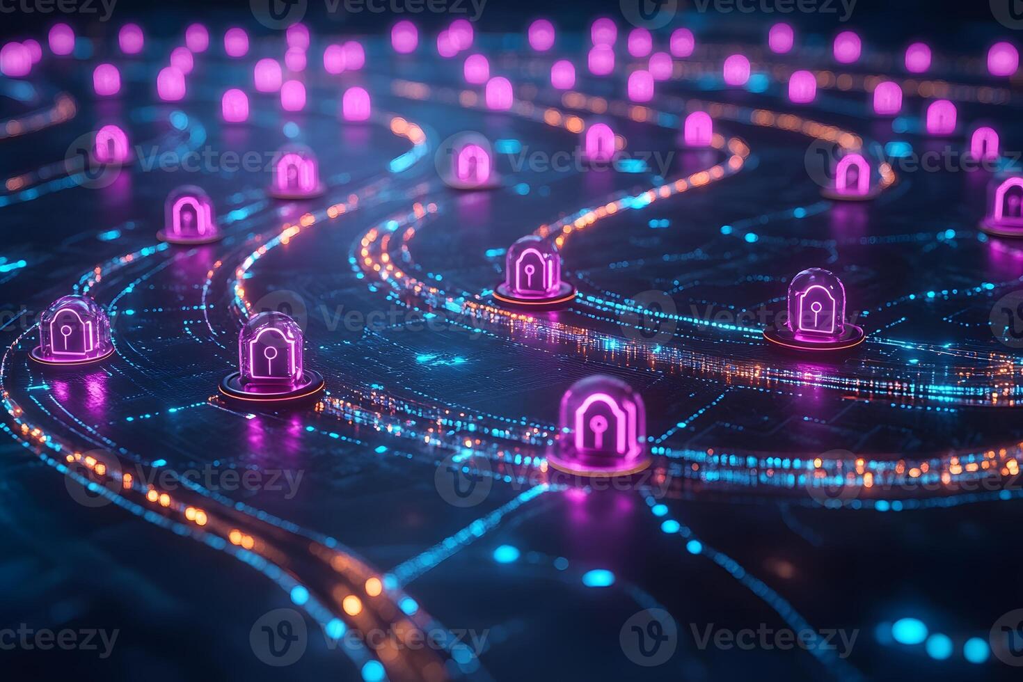 Futuristic Cybersecurity Concept with Glowing Locks on Digital Circuit Pathways photo