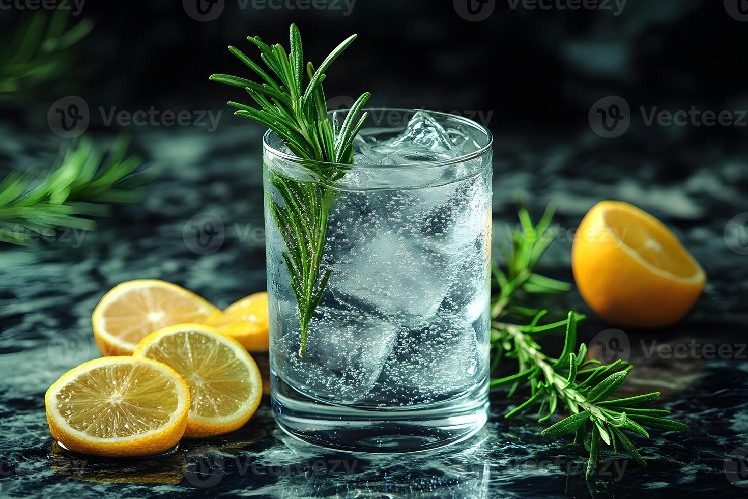 Refreshing Sparkling Water with Lemon and Rosemary Garnish for Elegant Dining Decor photo