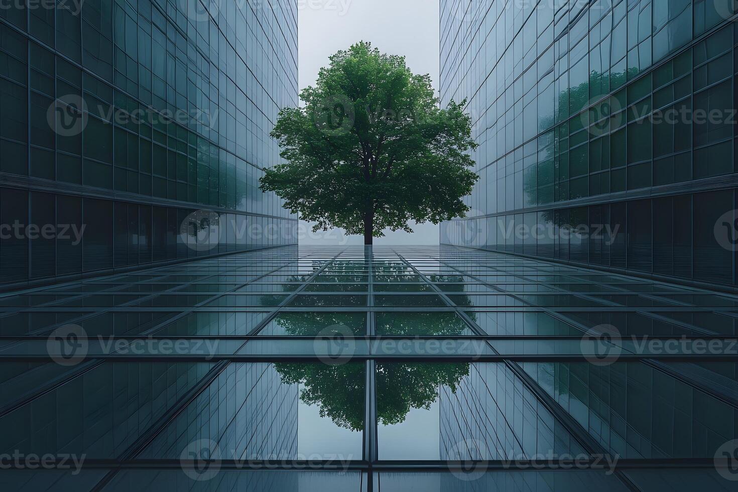 Urban Nature Contrast Solitary Tree Amid Skyscrapers for Environmental Design photo