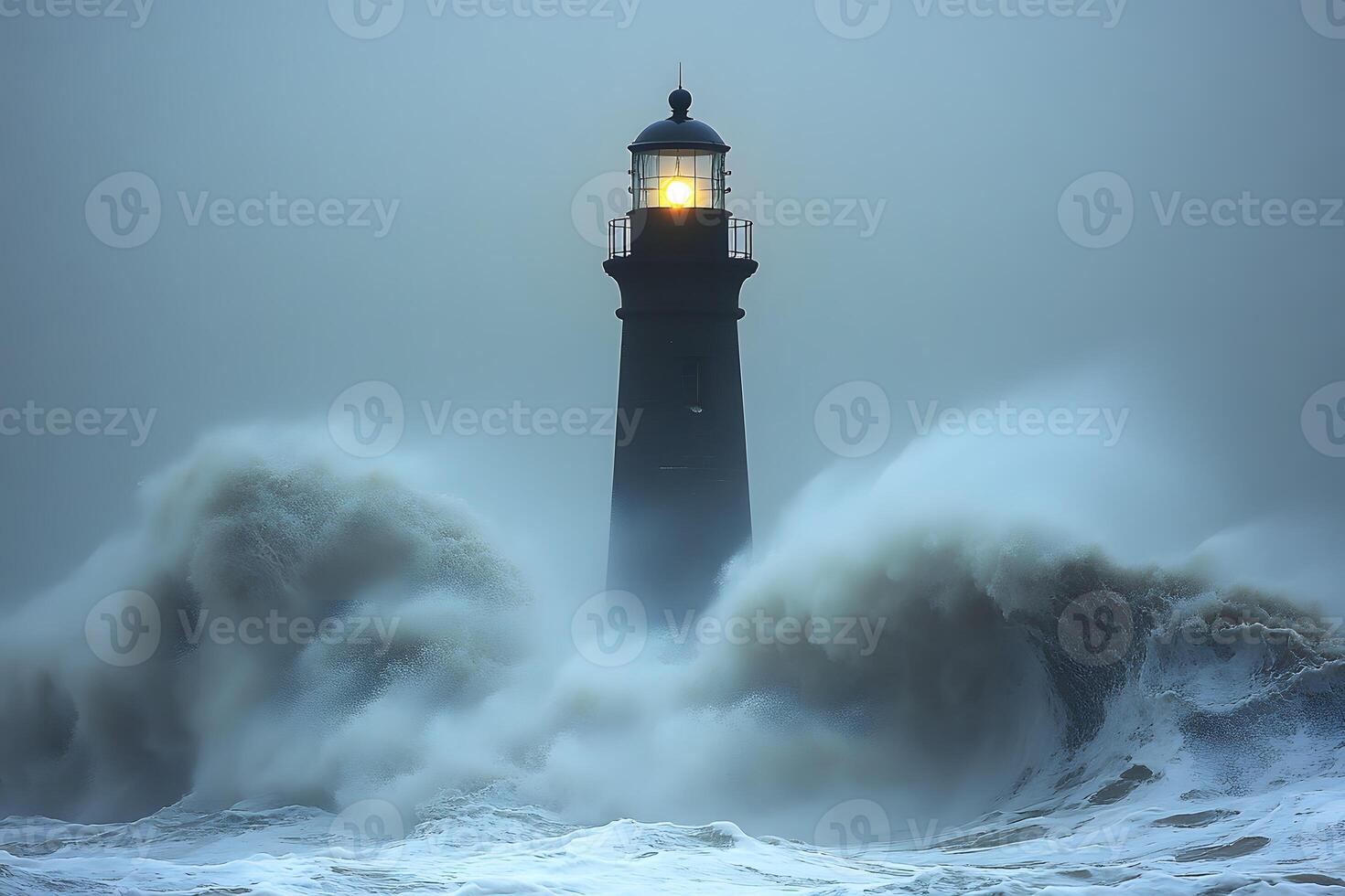 Majestic Lighthouse Amidst Powerful Ocean Waves at Dusk for Inspirational Designs photo