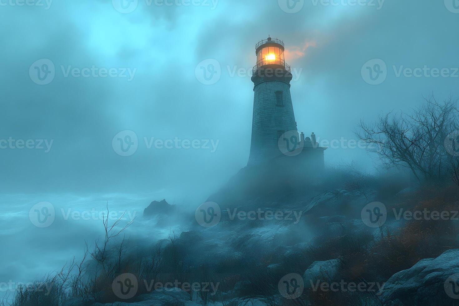 Misty Lighthouse Beacon at Dawn Navigational Safety and Serenity photo