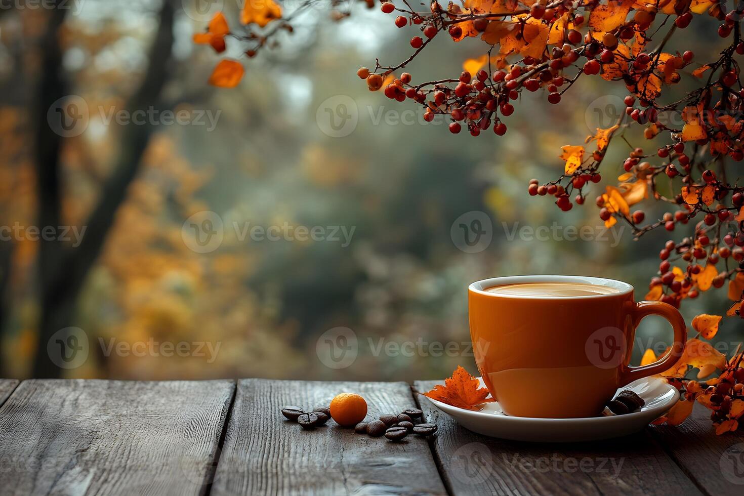 Autumn Coffee Moment on Rustic Wooden Table with Orange Foliage and Warm Lighting photo