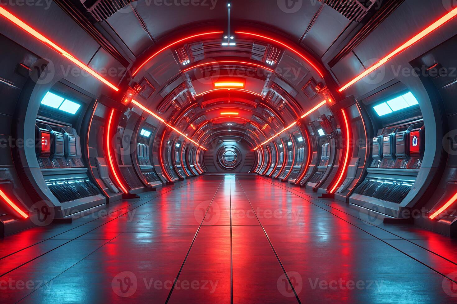 Futuristic Sci-Fi Corridor with Red and Blue Neon Lights for Digital Art and Design photo