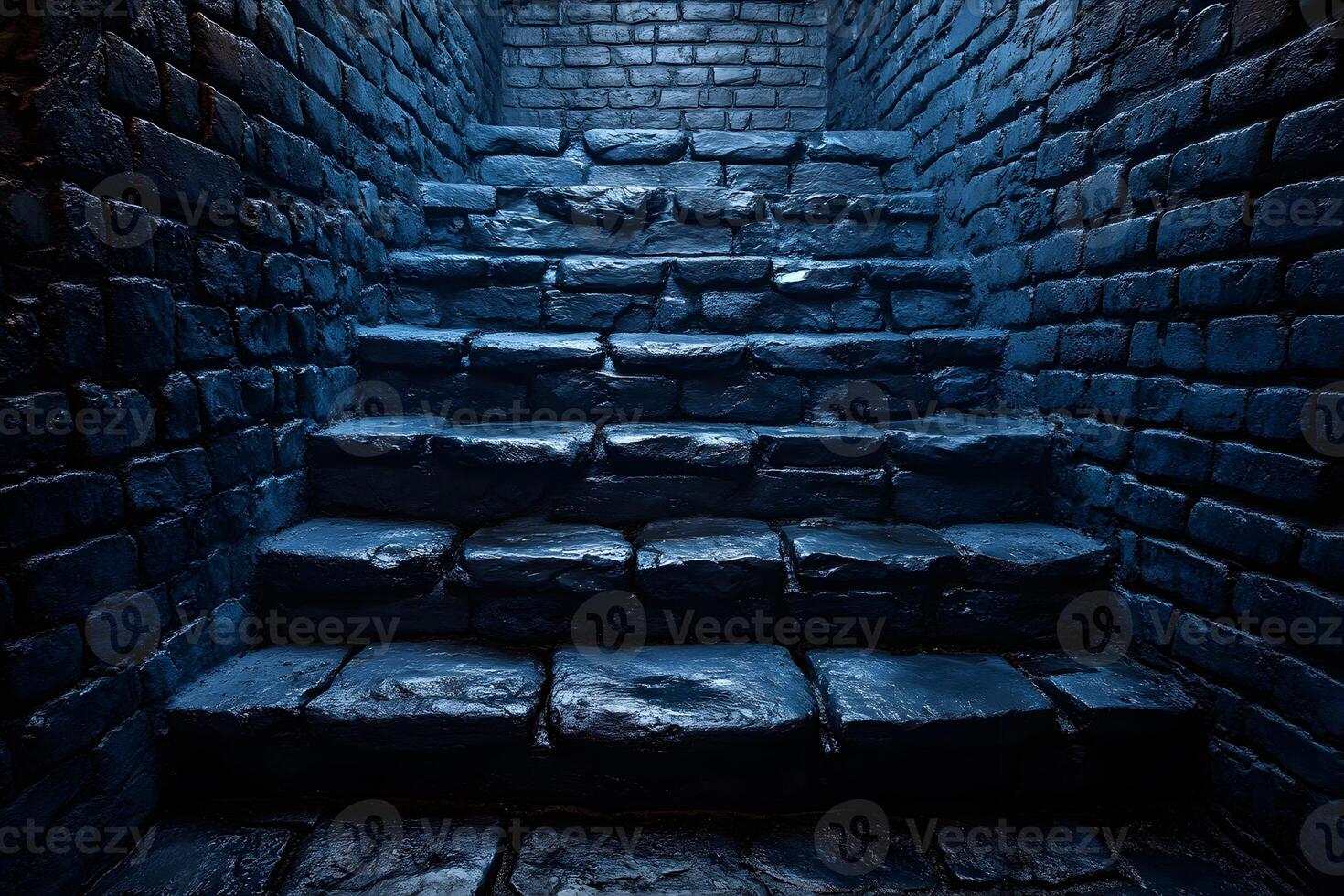 Mysterious Stone Staircase in Dark Blue Grotto Setting for Atmospheric Design photo