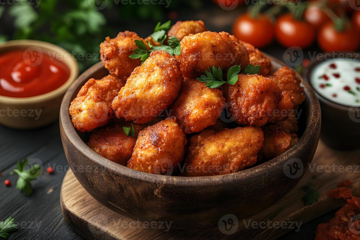 Crispy Chicken Nuggets with Dipping Sauces in Rustic Bowl - Perfect for Snack Time photo