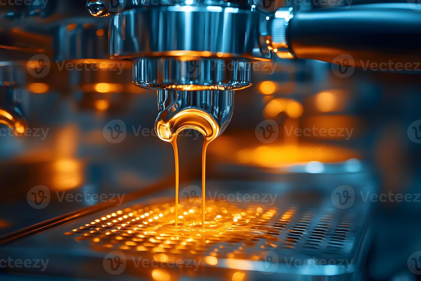Close-Up of Espresso Machine Brewing Fresh Coffee in Warm Glow for Cafe Decor and Barista Training photo