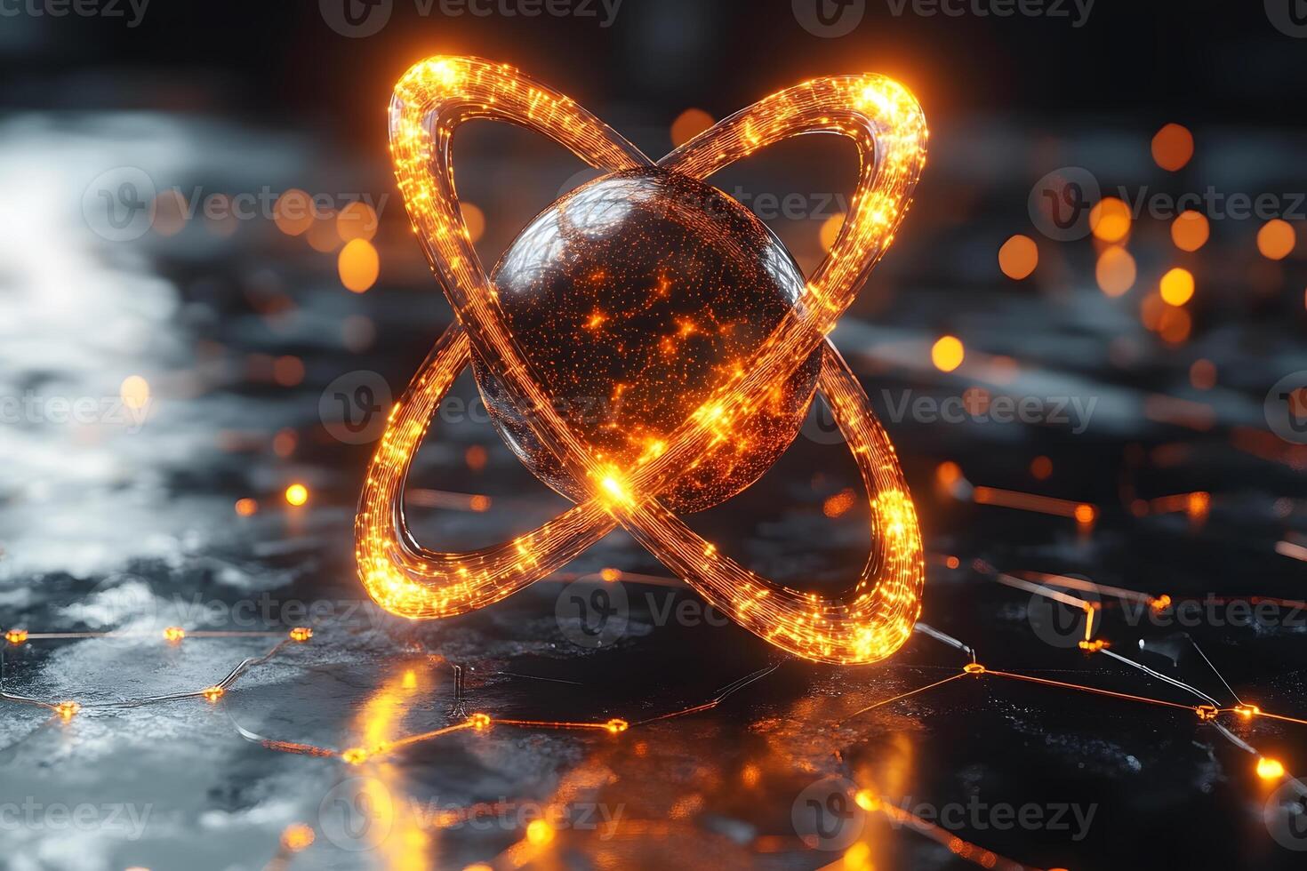 Futuristic Digital Tech Sphere with Glowing Neon Energy Rings - Conceptual Art photo